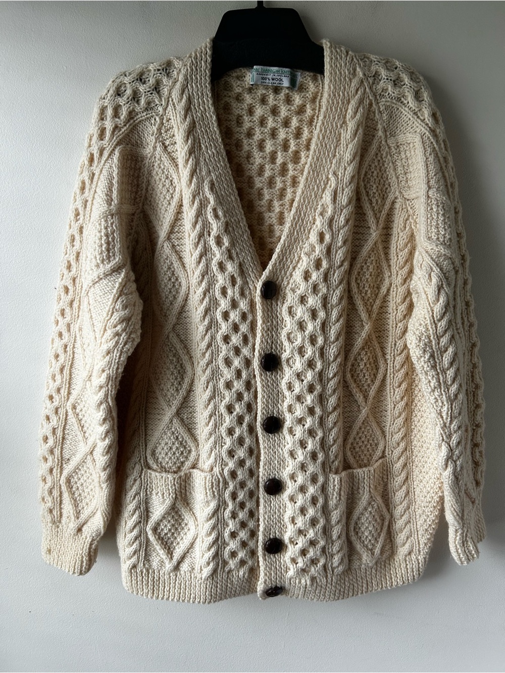 Vintage Chunky Fisherman Heritage Handknit 100% Wool Cableknit Cardigan Cream XL